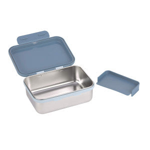 Edelstahl-Znünibox von Lässig mit blauem Deckel, geöffnet, inklusive separatem kleinen Deckel, ideal für die Aufbewahrung von Snacks und Lebensmitteln unterwegs.