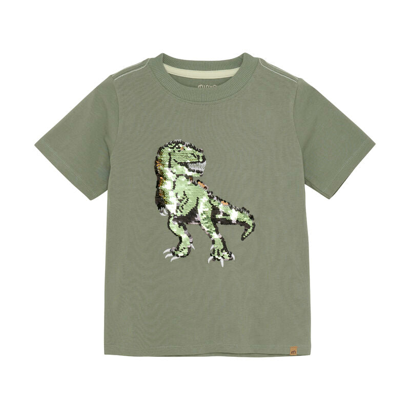 Vorderansicht des Minymo T-Shirts in Grün mit Pailletten-Dinosaurier-Motiv, aus weicher Baumwollmischung.