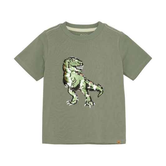 Vorderansicht des Minymo T-Shirts in Grün mit Pailletten-Dinosaurier-Motiv, aus weicher Baumwollmischung.