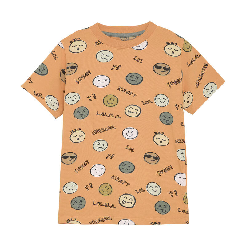 Vorderansicht des Minymo T-Shirts in Orange mit fröhlichem Smiley-Allover-Print, aus bequemer Baumwollmischung.