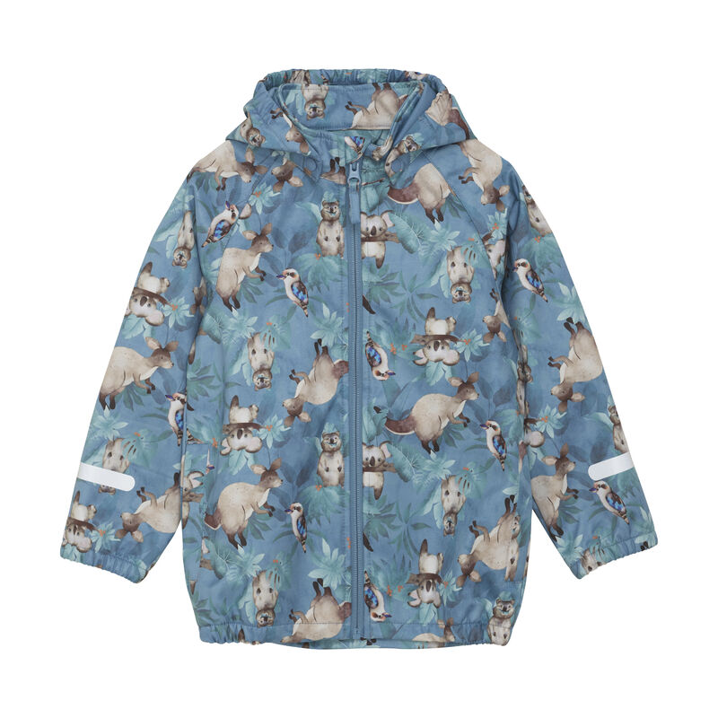 CeLaVi Softshell-Jacke für Kinder in Blau mit Allover-Print, wasserabweisend und atmungsaktiv, Vorderansicht.