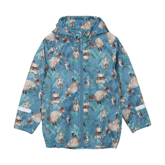 CeLaVi Softshell-Jacke für Kinder in Blau mit Allover-Print, wasserabweisend und atmungsaktiv, Vorderansicht.