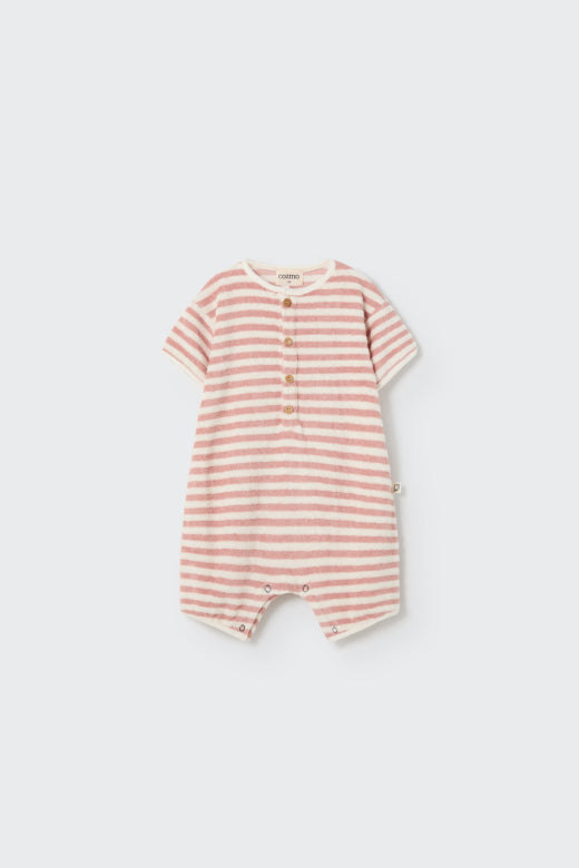 Unisex Strampler 'Luc' von Cozmo aus weichem, biologischem Frottee-Material mit charmantem Streifen-Design. Perfekt für Babys, ideal für warme Tage.