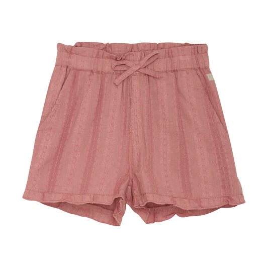 Shorts mit hohem Bund in Ash Rose von Daily Seven aus Baumwolle mit Stickdetails, Vorderansicht.