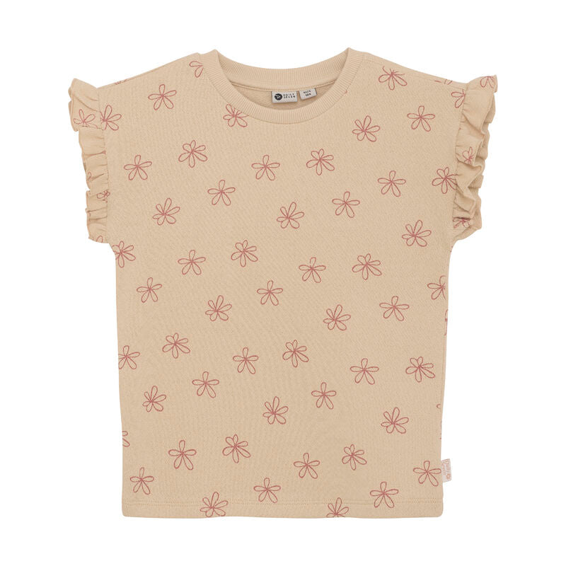 T-Shirt Small Flower in Latte Sand von Daily Seven aus Bio-Baumwolle mit Blumenmuster, Vorderansicht.