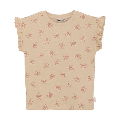 T-Shirt Small Flower in Latte Sand von Daily Seven aus Bio-Baumwolle mit Blumenmuster, Vorderansicht.