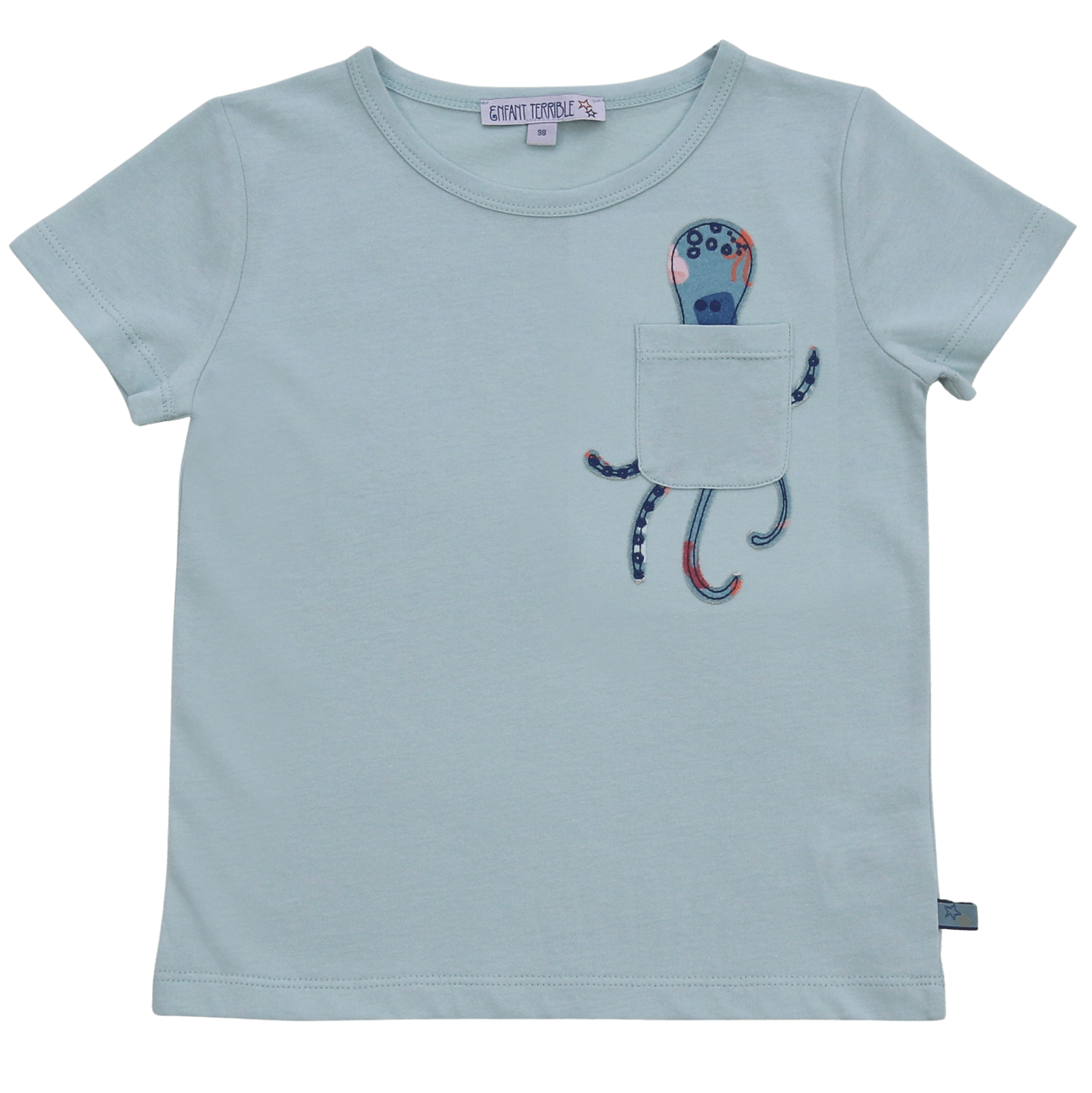 Enfant Terrible Kinder T-Shirt in Blau mit niedlichem Oktopus-Design auf der Brusttasche.
