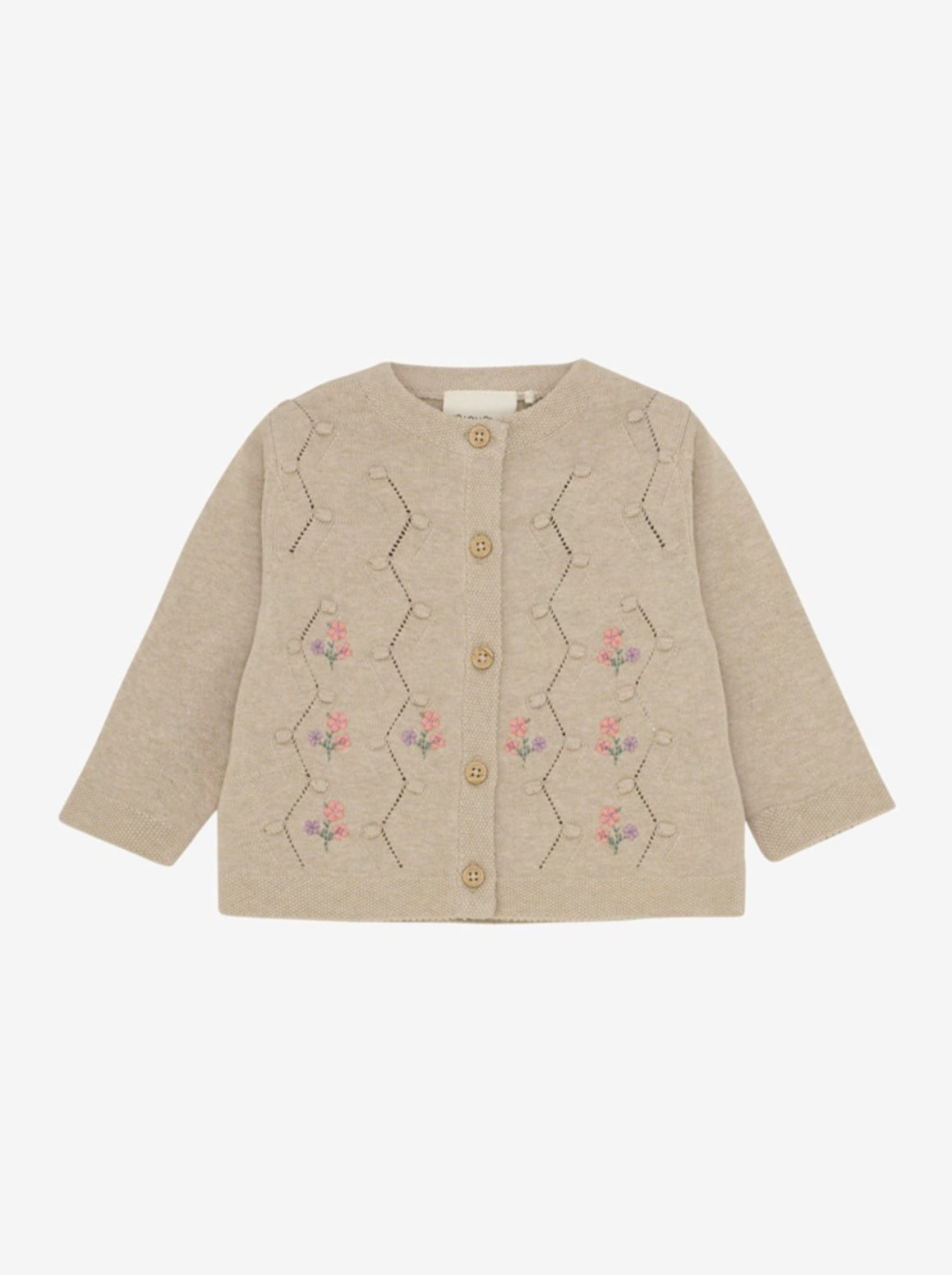 Minymo Strick-Cardigan Beige Melange – weicher Baby- und Kinder-Cardigan aus GOTS-zertifizierter Bio-Baumwolle mit floralen Stickdetails, erhältlich in Winterthur Zuerich Schweiz