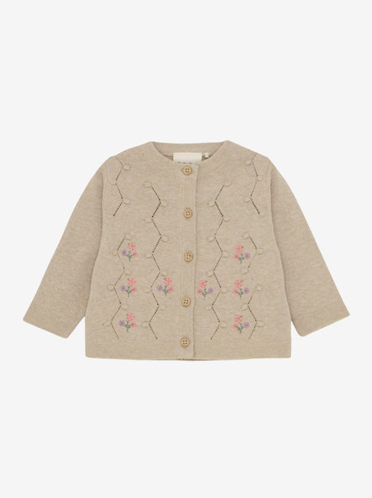 Minymo Strick-Cardigan Beige Melange – weicher Baby- und Kinder-Cardigan aus GOTS-zertifizierter Bio-Baumwolle mit floralen Stickdetails, erhältlich in Winterthur Zuerich Schweiz