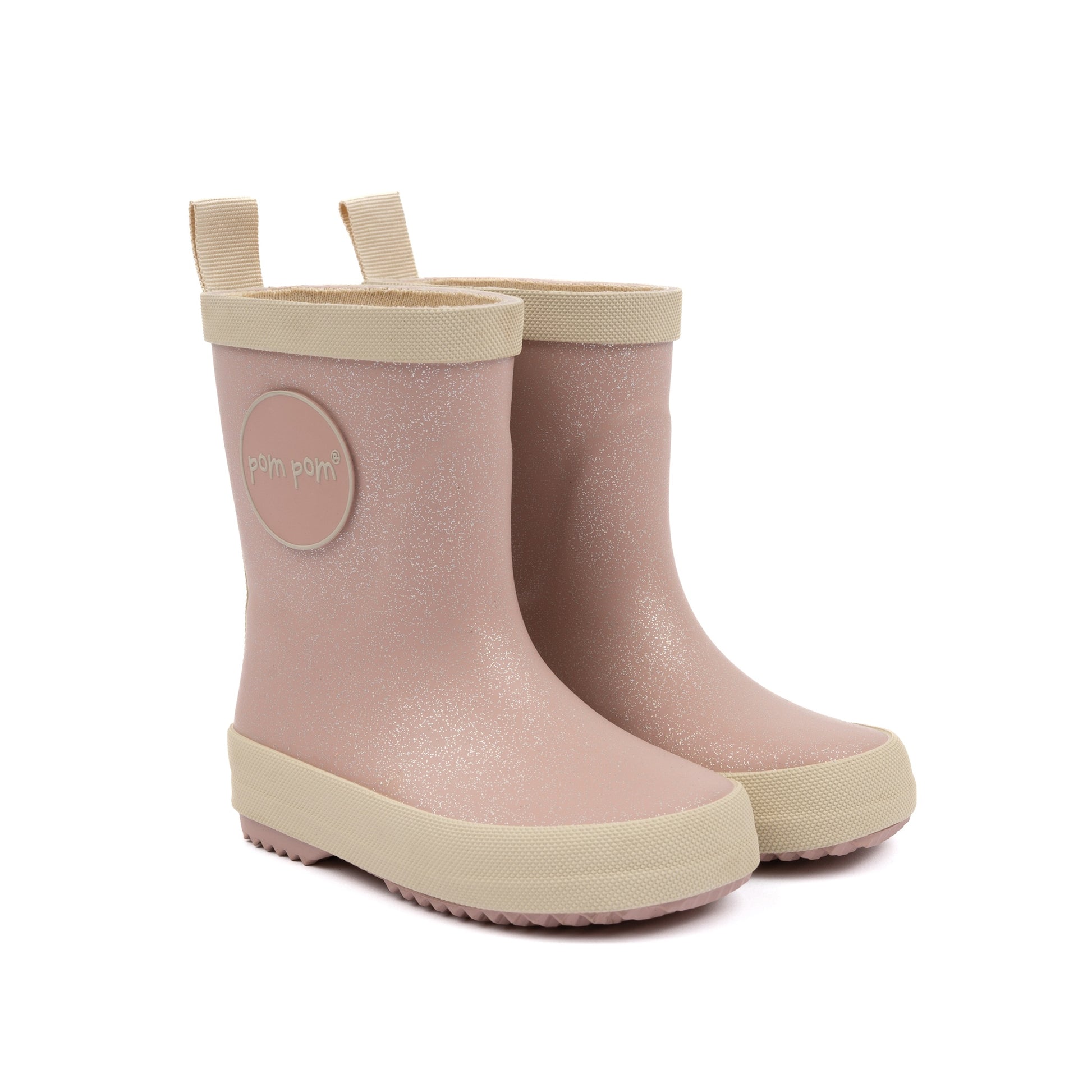 Pom Pom GumBoots™ Gummistiefel in Rose Glitter aus Naturkautschuk – Wasserdicht & weich – Erhältlich in Winterthur, Zürich, Schweiz