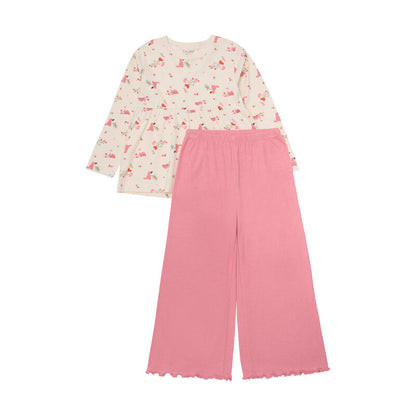 Langarm-Pyjamas Set für Mädchen von CeLaVi, aus Bambus-Viskose, mit Blumenmuster und pinker Hose, Vorderansicht.