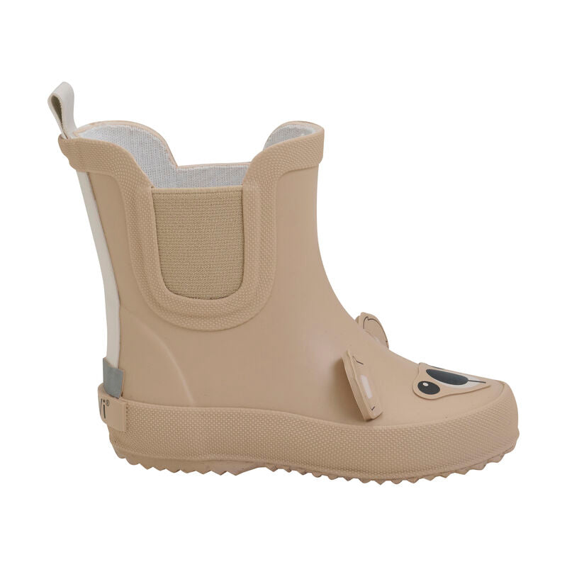 Flexible, wasserfeste Kinder-Gummistiefel in Beige mit süssem Koala-Motiv, zusammengerollt dargestellt.