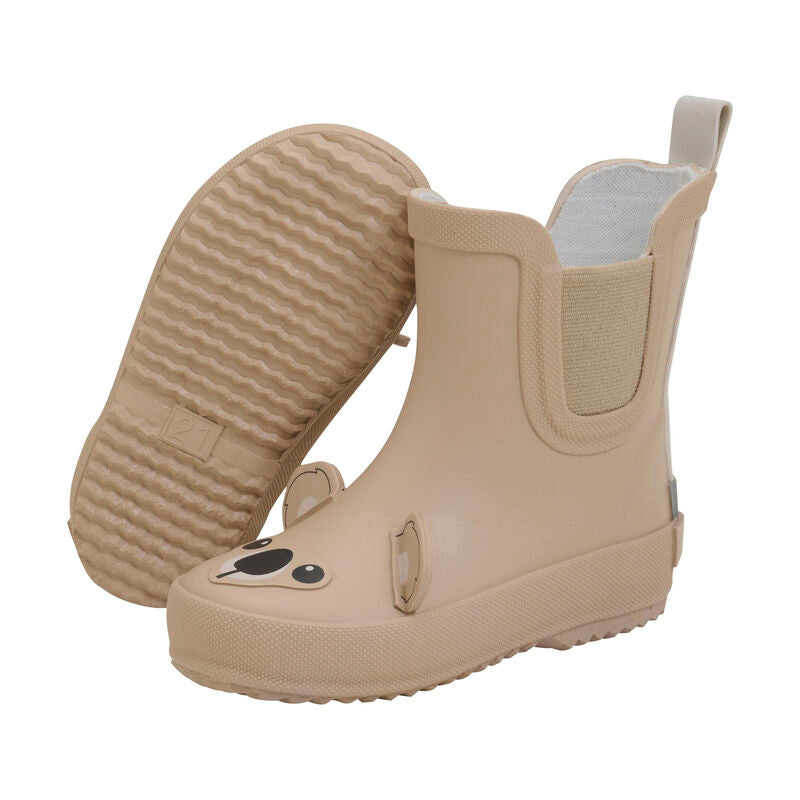 Seitliche Ansicht der beigen Gummistiefel für Kinder mit Koala-Details, ideal für Regenwetter.