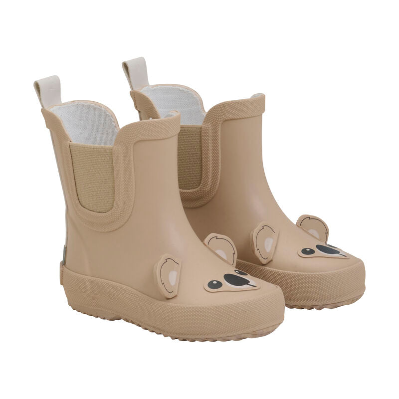 Beige Gummistiefel für Kinder mit süssem Koala-Design, wasserfest und rutschfest.